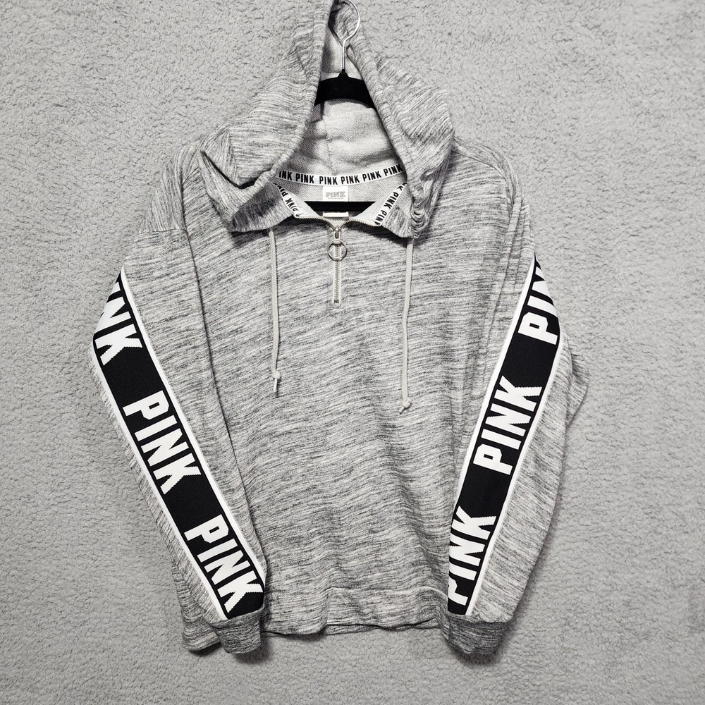 Victoria's Secret PINK Y2K Logo 1/4 Zip Hoodie Jacket Shirt Black Gray Small - Picture 1 of 6